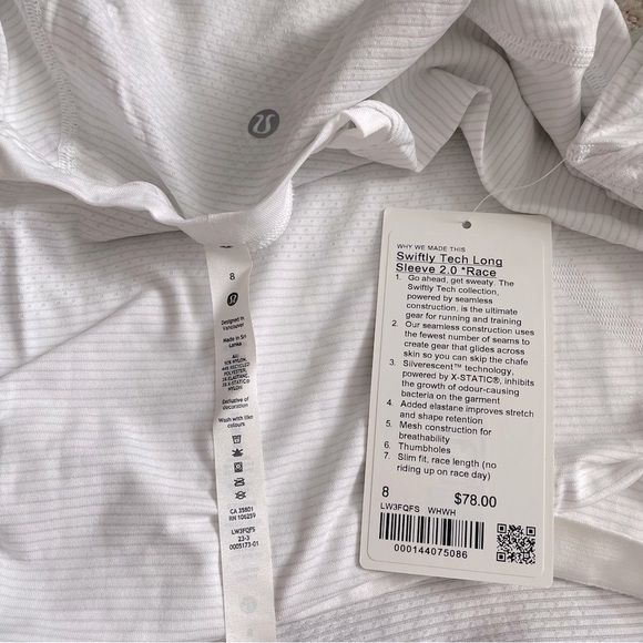 NWT Lululemon Swiftly Tech Long Sleeve 2.0 *Race Length White / White Size 8 - Picture 3 of 6